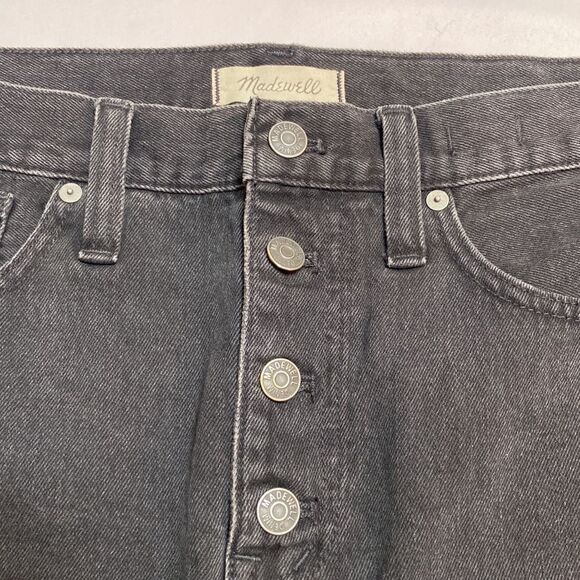 MADEWELL Rigid Denim Jean A Line Mini Skirt Black Size 30 Button Fly Raw Hem - Picture 2 of 8